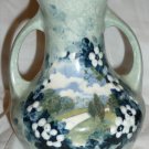 BLUE POTTERY GLAZED SPECKLED & HANDPAINTED DOUBLE HANDLED FLORAL GRECIAN VASE