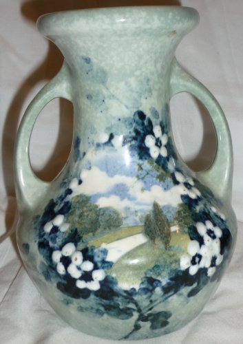 BLUE POTTERY GLAZED SPECKLED & HANDPAINTED DOUBLE HANDLED FLORAL GRECIAN VASE
