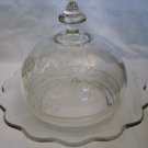 VINTAGE CLEAR ETCHED BUTTERFLY & FLOWERS CAMBRIDGE GLASS BUTTER CHEESE DISH DOME