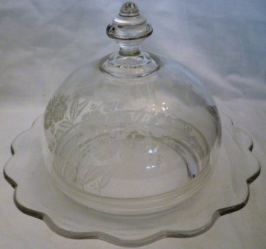 VINTAGE CLEAR ETCHED BUTTERFLY & FLOWERS CAMBRIDGE GLASS BUTTER CHEESE DISH DOME