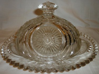 GORGEOUS VINTAGE OVAL CLEAR CUT GLASS COVERED BUTTER CHEESE DISH SAWTOOTH EDGE