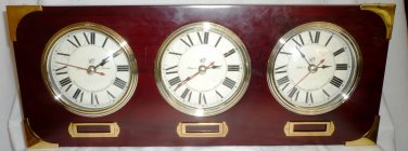 WOODEN W/BRASS MANTEL/WALL 3 FACE WORLD CLOCK BY MAKERS TO ADMIRALTY MERMAID