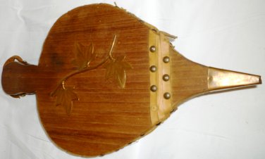 FIREPLACE WOOD BELLOW OAK WOOD LEATHER BRASS TRIM MAPLE LEAVES