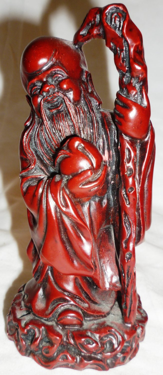 BEAUTIFUL CHINESE FIGURINE MONK WITH WALKING STICK RED LACQUER