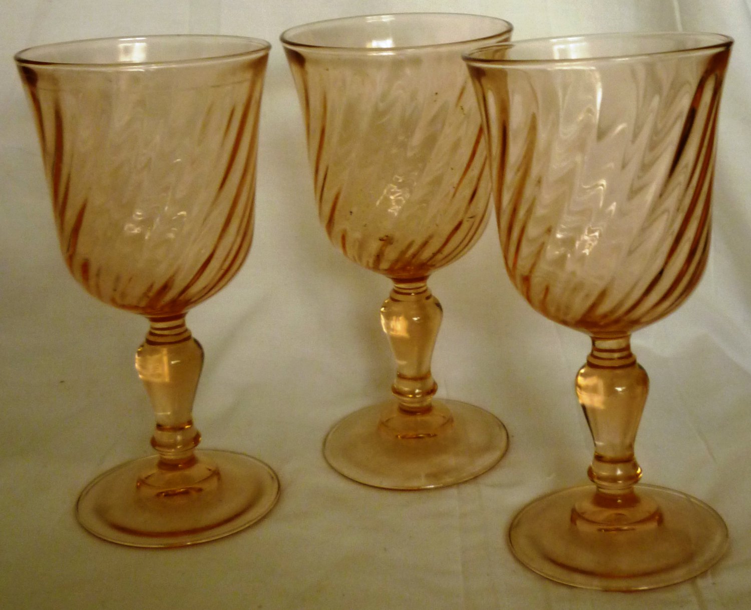 Vintage Pink Peach Swirl Glass Goblet Stemmed Wine Glasses Set Of 3 France 5150