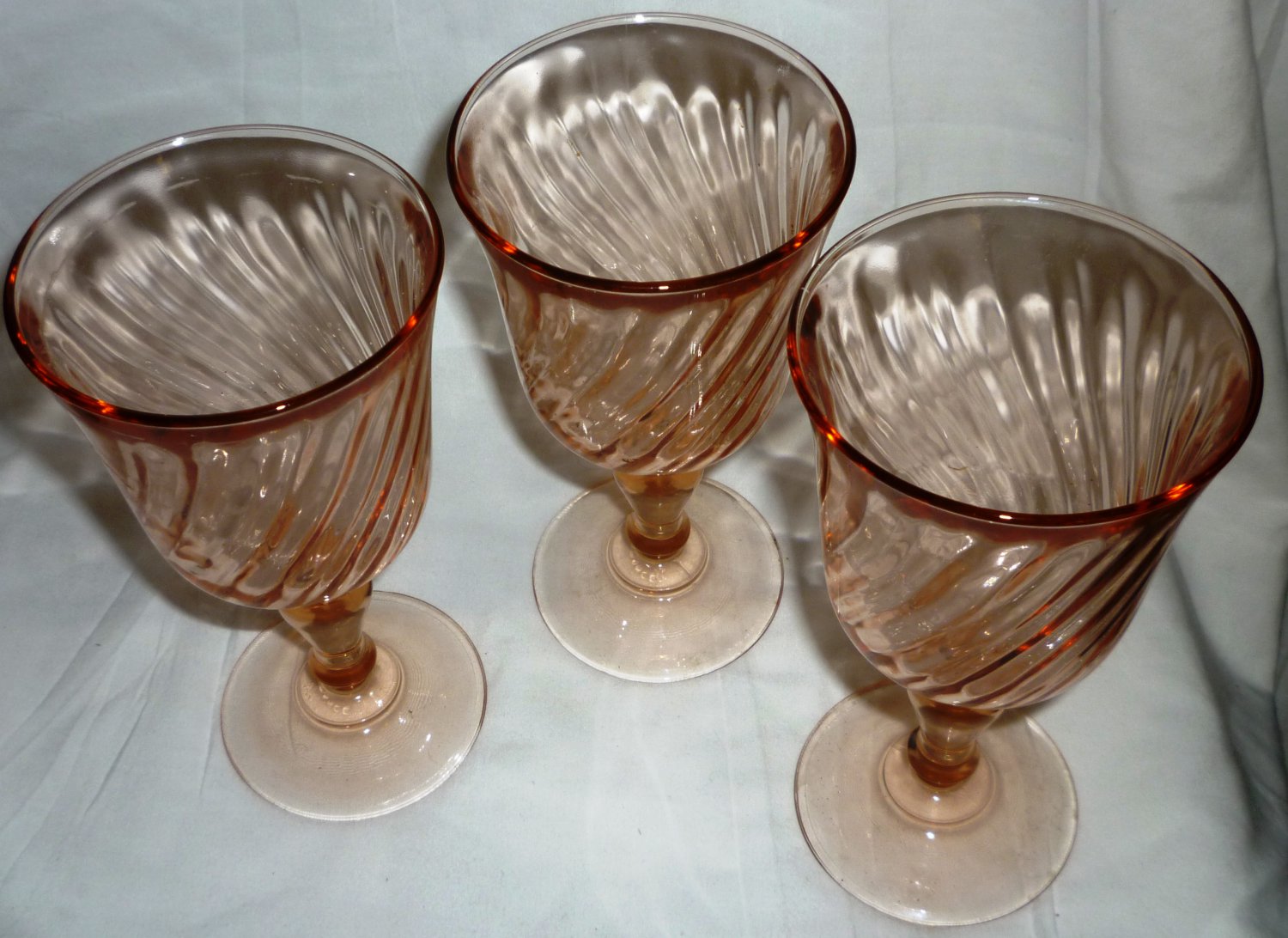 Vintage Pink Peach Swirl Glass Goblet Stemmed Wine Glasses Set Of 3 France