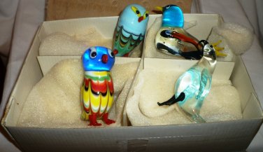 CHARMING ART GLASS STUDIO BLOWN & APPLIED GLASS SET OF 4 BIRDS FIGURINES NMB