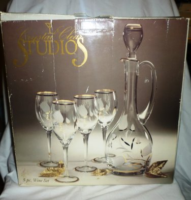 CRYSTAL CLEAR STUDIOS 5pcs WINE SET MOUTH BLOWN HAND CUT CRYSTAL 24K ACCENTS NMB