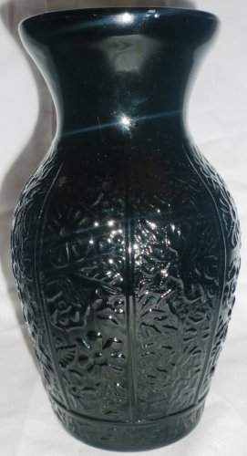 VINTAGE BLACK PURPLE GLASS EMBOSSED FLOWERS FLORAL VASE