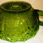 VINTAGE L.E. SMITH GREEN GLASS STAR & QUINTEC BUTTON HANDLED NAPPY DISH BOWL