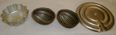 VINTAGE CAST IRON & ALUMINUM MINIATURE PIE, COOKIE FORMS & MILK WATCHER USSR SET