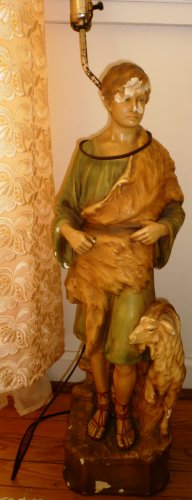VINTAGE H.BECKER SCULPTURE SHEEP HERDER WITH GOAT DECORATIVE LAMP 1961