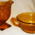 VNTG AMBER INDIANA GLASS DAISY PEDESTAL CREAMER & DOUBLE HANDLED SOUP SUGAR CUP