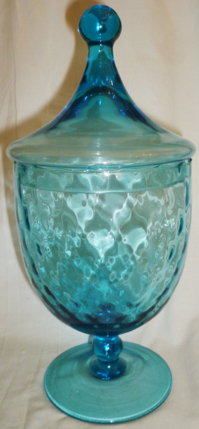 GORGEOUS VINTAGE COLONIAL BLUE OPTICAL GLASS LIDDED PEDESTAL APOTHECARY JAR