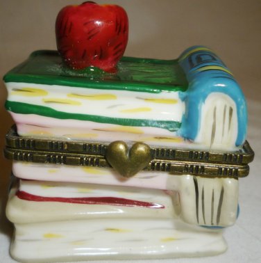 CHARMING PORCELAIN HINGED TRINKET BOX FIGURAL STACK OF BOOKS