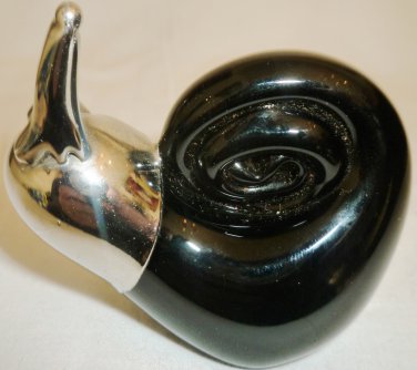 CUTE BLACK GLASS AND SILVERPLATE SNAIL FIGURINE PAPERWEIGHT