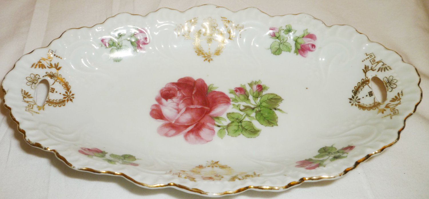 ANTIQUE FINE PORCELAIN SCALLOPED DISH WITH HANDLES HANDPAINTED ROSES GERMANY