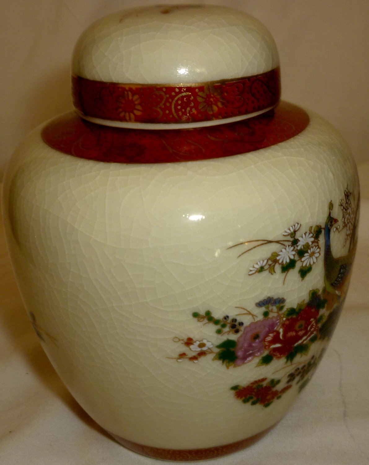 VINTAGE SATSUMA JAPAN GINGER JAR LIDDED URN VASE PEACOCK CHERRY BLOSSOMS