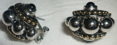 BLACK AGATE & TWO COLOR METAL BALLS CLIP & PIERCE DESIGNER EARRINGS