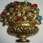 VINTAGE MULTI COLOR RHINESTONE FLOWERS IN BASKET PIN BROOCH GOLD CASED