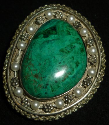VINTAGE SILVR EILAT MALACHITE GREEN CABOCHON GEMSTONE & PEARL PIN PENDANT ISRAEL