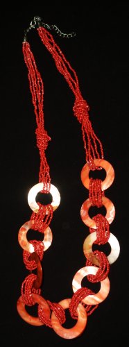 VINTAGE MULTISTRAND MULTI RED SEED BEAD & PEARL DISK RING NECKLACE