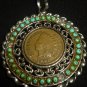 BEAUTIFUL SUN BURST NAVAJO ART TURQUOISE BEADS INDIAN PENDANT WITH PENNY 1907