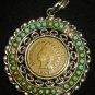 BEAUTIFUL SUN BURST NAVAJO ART TURQUOISE BEADS INDIAN PENDANT WITH PENNY 1907