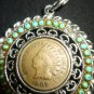 BEAUTIFUL SUN BURST NAVAJO ART TURQUOISE BEADS INDIAN PENDANT WITH PENNY 1907