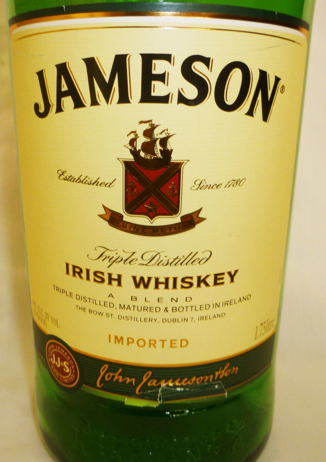 EMPTY JJ&S GREEN GLASS BOTTLE JAMESON IRISH WHISKEY 1.75 L