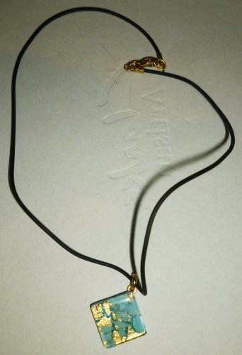 GORGEOUS BLUE & GOLD SQUARE MURANO GLASS PENDANT LEATHER CORD NECKLACE
