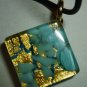 GORGEOUS BLUE & GOLD SQUARE MURANO GLASS PENDANT LEATHER CORD NECKLACE