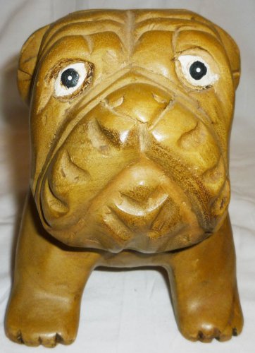 CHARMING WOOD CARVED STATUE FIGURINE BULLDOG DOG