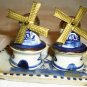 VINTAGE MINIATURE WINDMILL PORCELAIN SALT & PEPPER SHAKERS W/TRAY DELFT BLUE
