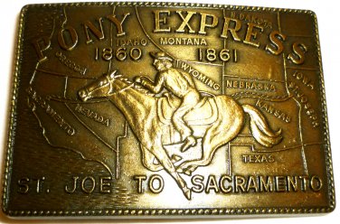 COMMEMORATIVE VINTAGE BRASS BRONZE PONY EXPRESS ST.JOE TO SACRAMENTO BELT BUCKLE