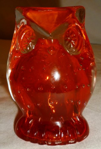 VINTAGE LEFTON OWL FIGURINE PAPERWEIGHT CONTROLLED BUBBLES ORANGE RED GLASS