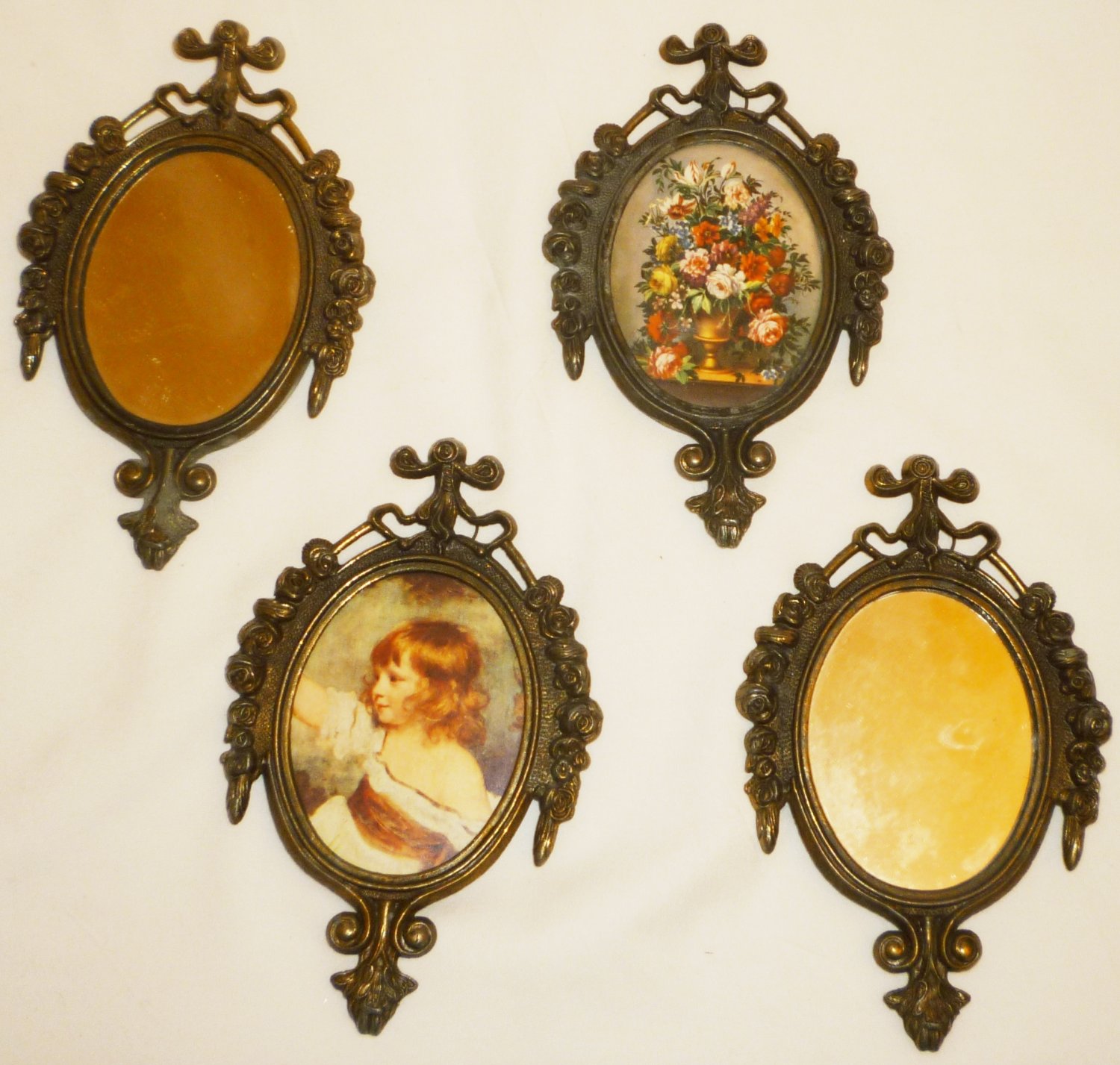 ANTIQUE WALL DECOR ITALY BRONZE FRAME SET OF 4 MIRRORS & PICTURES ROSES