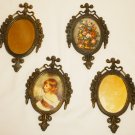 ANTIQUE WALL DECOR ITALY BRONZE FRAME SET OF 4 MIRRORS & PICTURES ROSES