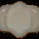 VINTAGE ANCHOR HOCKING FIREKING MILK GLASS OVEN WARE GOLD BEADED COMPARTMENT DISH
