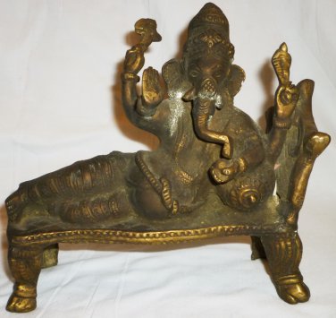 ANTIQUE HINDU GOD GANESH SOLID BRONZE RECLINING STATUE GANESHA