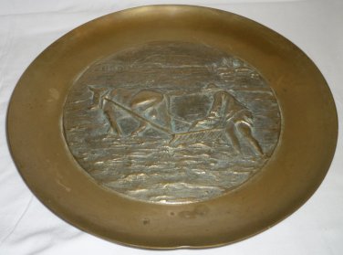 VINTAGE BRONZE BRASS HEAVY EMBOSSED DECORATIVE PLATE FARMER PLOWING W/OXEN