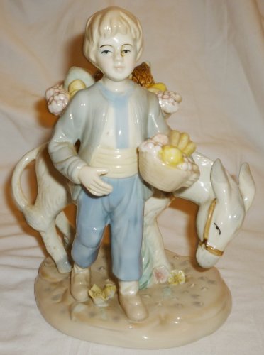 VINTAGE CHARMING PORCELAIN BOY WITH A DONKEY SELLING FRUITS FIGURINE
