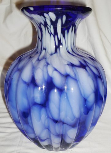 GORGEOUS VENETIAN GLASS COBALT BLUE & WHITE VASE 9.5"