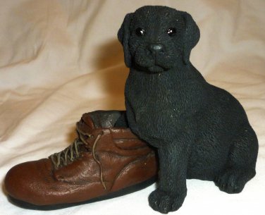 CHARMING BLACK DOG LABRADOR PUPPY W/SHOE FIGURINE SCULPTURE BY GARY STEVENSON