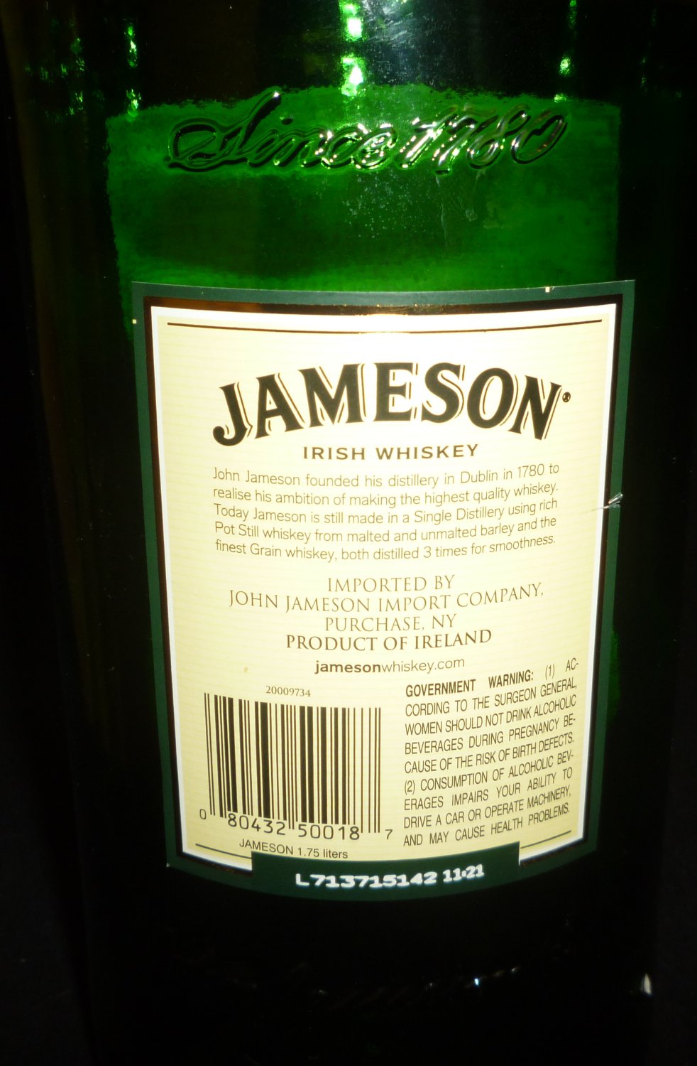 COLLECTIBLE JAMESON IRISH WHISKEY GREEN EMPTY BOTTLE