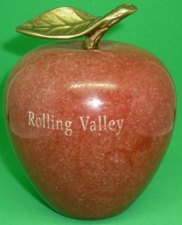 RED MARBLE APPLE W/BRASS STEM LEAF ENGRAVED ROLLING VALLEY FIGURINE PAPERWEIGHT