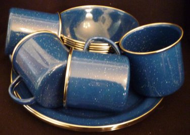 VINTAGE NOSTALGIA BLUE & WHITE SPECKLE ENAMEL 12 PCS DISH SET SERVICE FOR 4