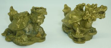 VNTGE SOLID BRASS BRONZE CHINESE FengShui WEALTH MONEY DRAGON TURTLE 2 FIGURINES