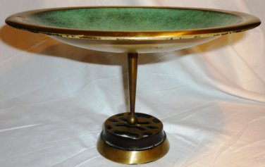 ANTIQUE RABBAN VERDIGRIS BRASS GREEN ENAMEL STEMMED PEDESTAL BOWL DISH ISRAEL