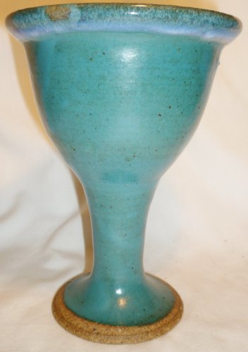 STUDIO ART POTTERY PEDESTAL STEMMED GOBLET CANDLE HOLDER BLUE chipped